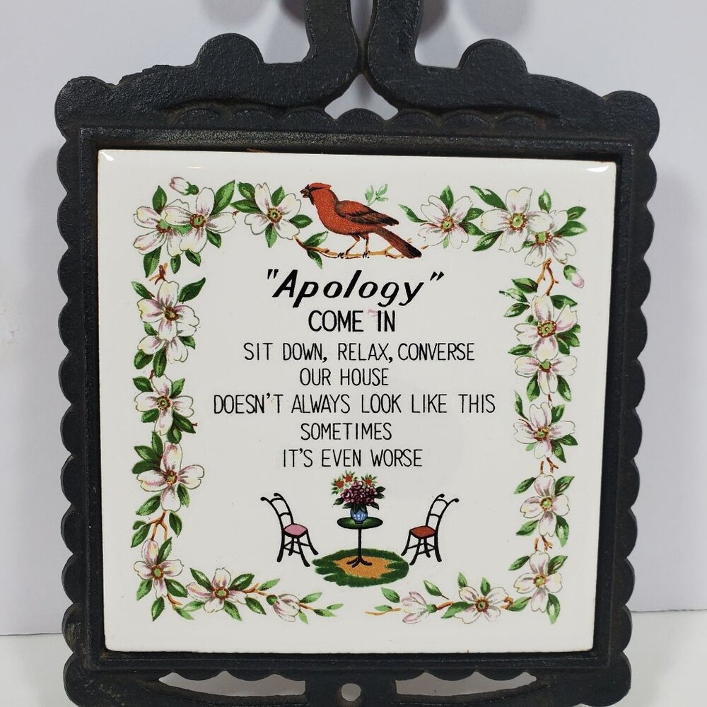 MCM Cast Metal Ceramic Tile Wall Plaque Trivet Vintage Apology Birds Flowers - Picture 2 of 14
